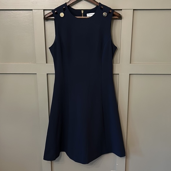 CALVIN Klein A-Line Career Office Dress Dark Navy Gold Button Shoulder Size 8 - Picture 4 of 11